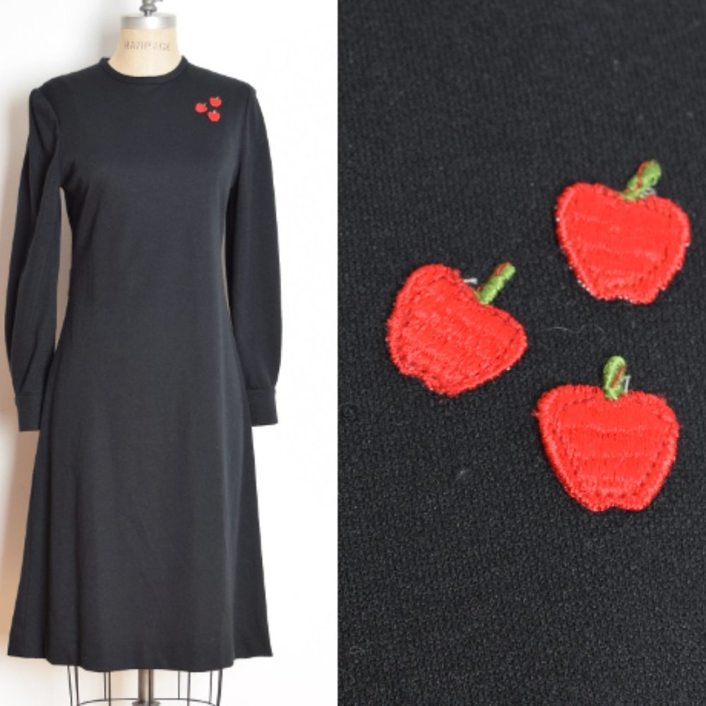 vintage 70s dress black embroidered apples knit hippie boho midi XS S